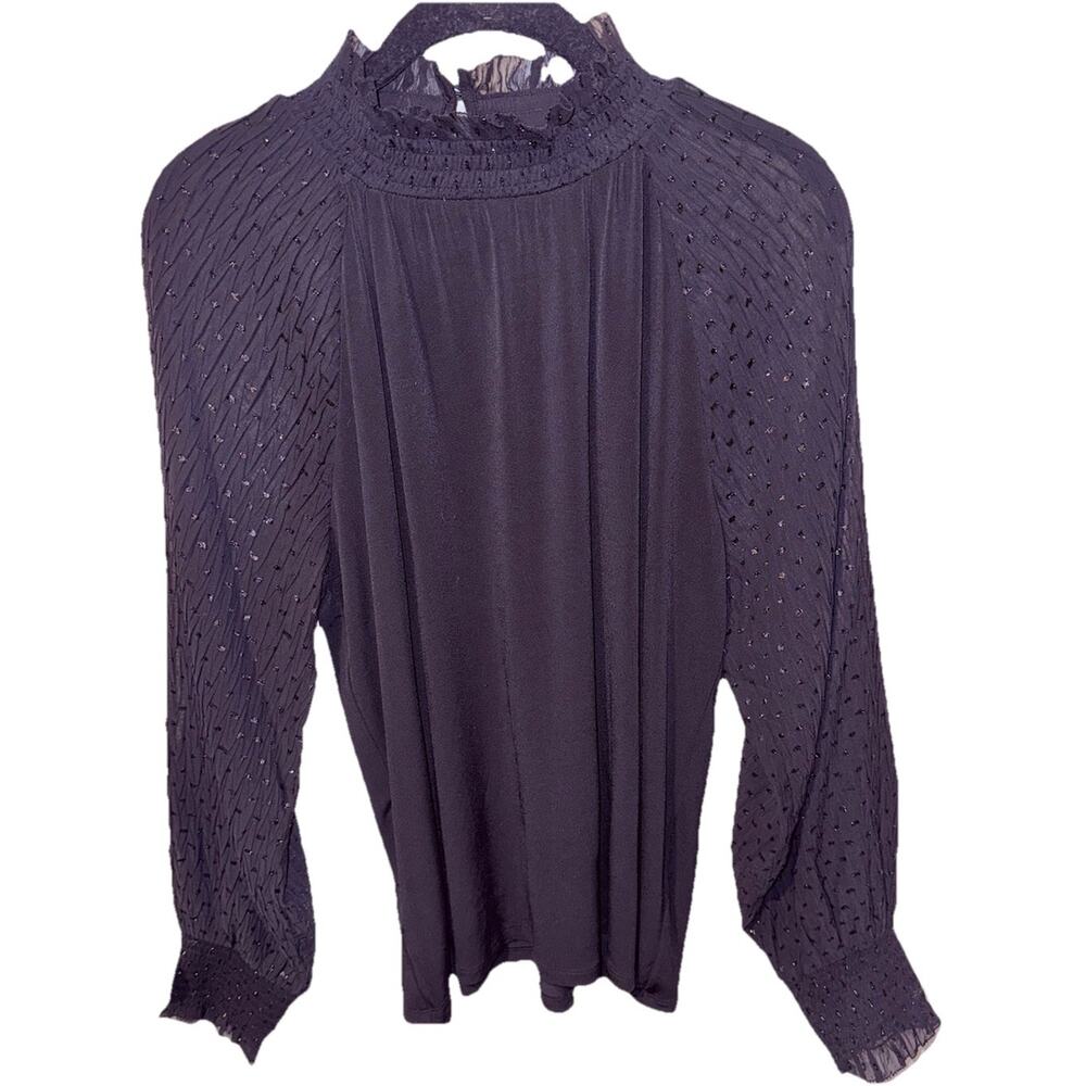 Ann Taylor Black Blouse WSheer Sleeve Metallic Dot Size Medium NWT Holiday Ready